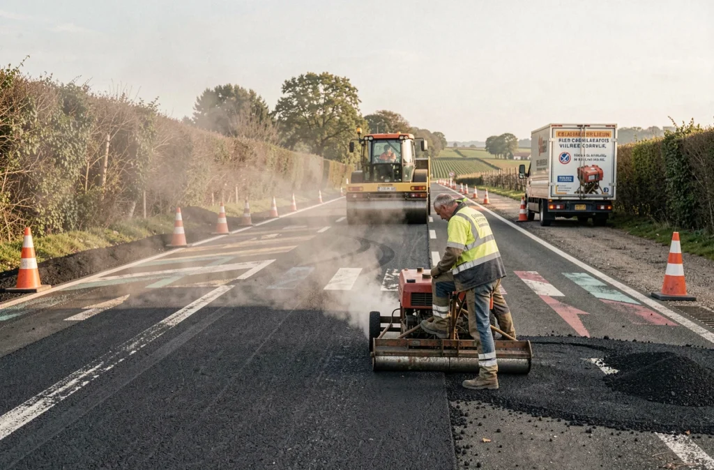 Ouvriers de l'Entreprise Travaux Publics de l'Ouest rénovant une infrastructure routière dans les Pays de la Loire