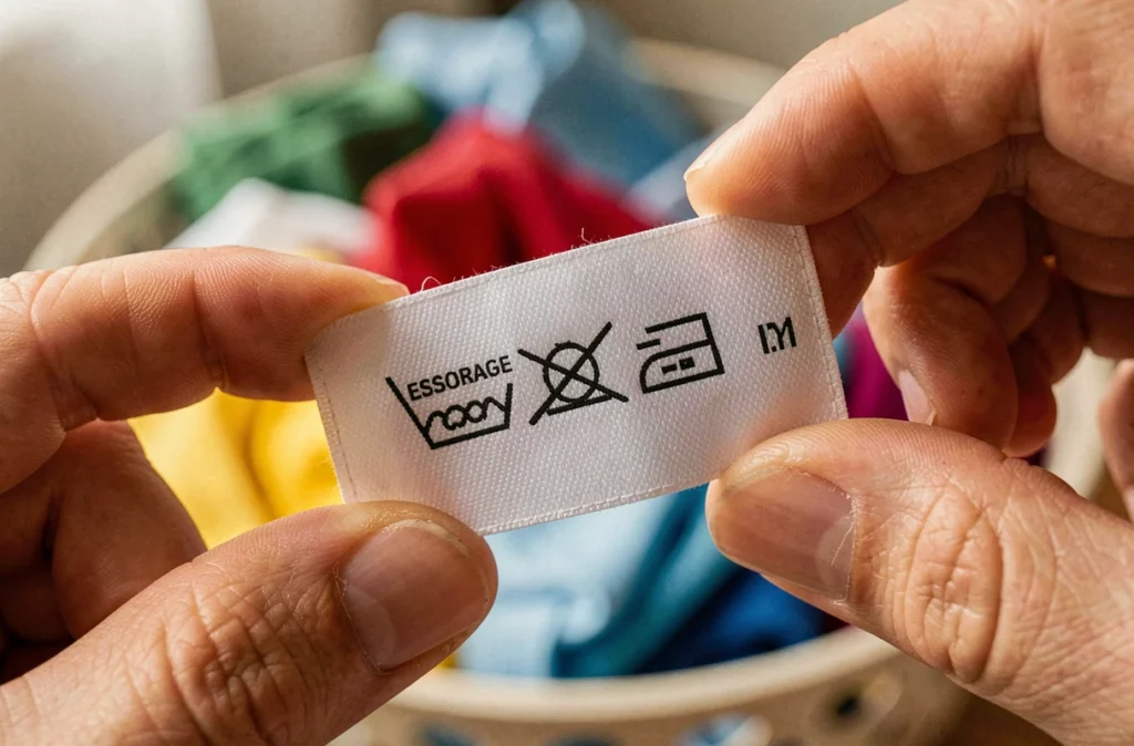 Étiquette d'entretien textile avec symboles d'essorage tenus entre les doigts pour illustrer les conseils de lavage Valberg