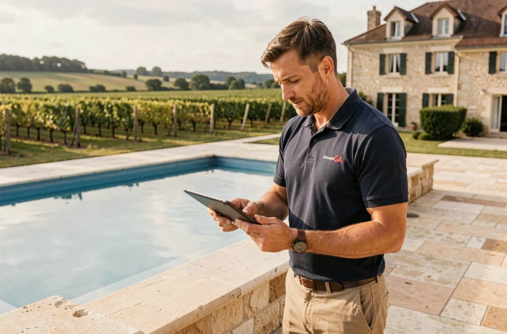 Technicien pisciniste du Groupe GA consultant des plans sur tablette devant une piscine achevée en Gironde