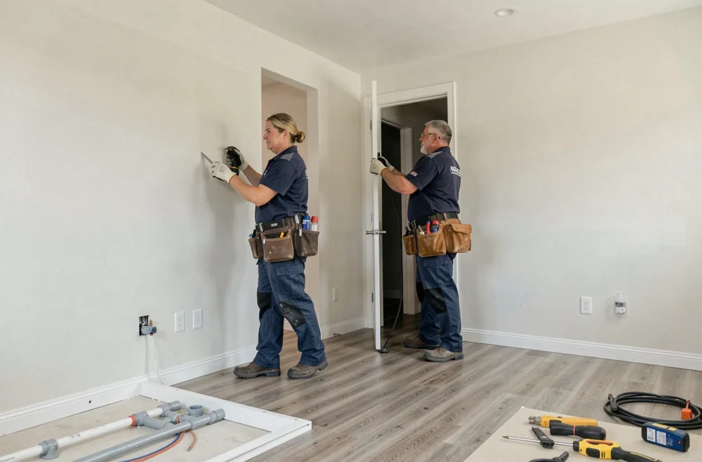 Équipe multi-services de HELP&CO réalisant des travaux de rénovation intérieure au Cellier