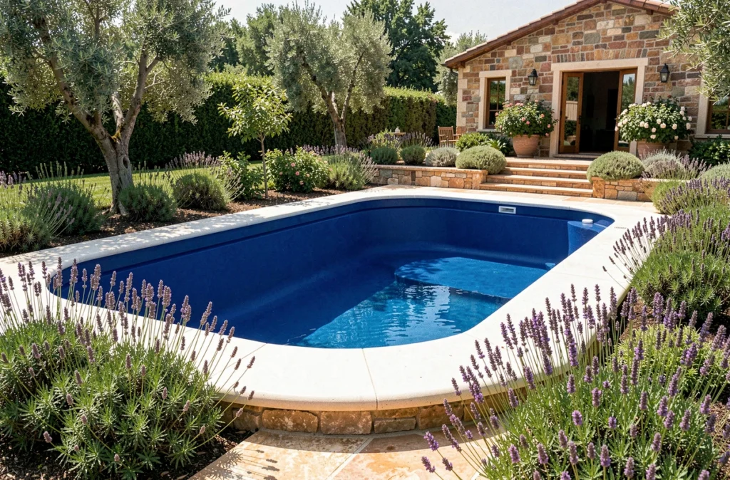 Coque de piscine haut de gamme Ibiza Piscines au design courbe et finition bleu cobalt dans un jardin luxueux