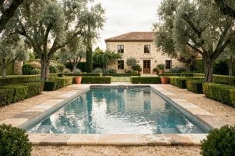 Vue grand angle d'une piscine résidentielle en Nouvelle-Aquitaine avec terrasse en pierre et maison régionale en arrière-plan