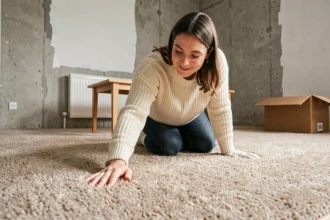 Jeune femme en chaussettes de laine touchant une moquette isolante thermique dans un studio rénové aux murs en béton
