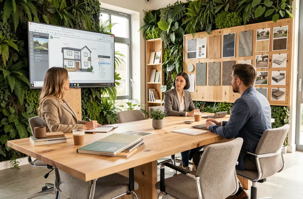Conseillère Novabuild présentant un plan de rénovation durable à des professionnels en Pays de la Loire