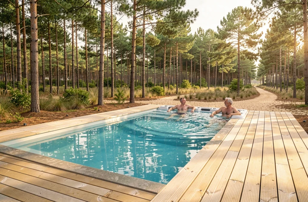 Piscine et spa extérieurs d'Océazur Piscines installés sur une terrasse en bois au cœur d'une forêt de pins des Landes