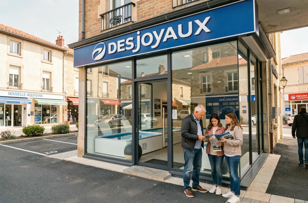 Façade d'une agence Piscines Desjoyaux dans une zone commerciale en Nouvelle-Aquitaine avec une famille devant l'entrée