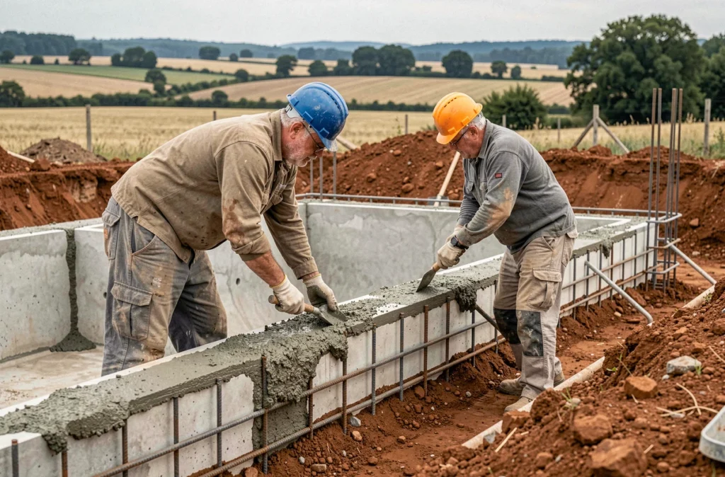 Équipe de construction d'une piscine en béton sur mesure sur un chantier en Lot-et-Garonne avec ferraillage visible