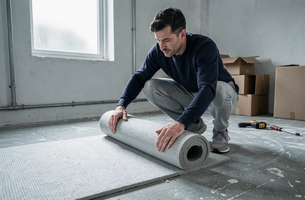 Homme installant une moquette isolante thermique sur un plancher en béton froid dans un studio en cours de rénovation