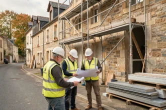 Équipe de rénovation professionnelle devant un bâtiment en travaux dans les Pays de la Loire