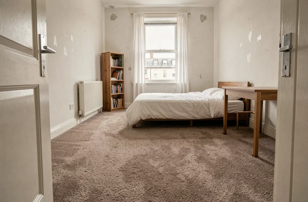 Studio rénové entièrement recouvert d'une moquette isolante thermique taupe avec mobilier minimaliste et fenêtre urbaine