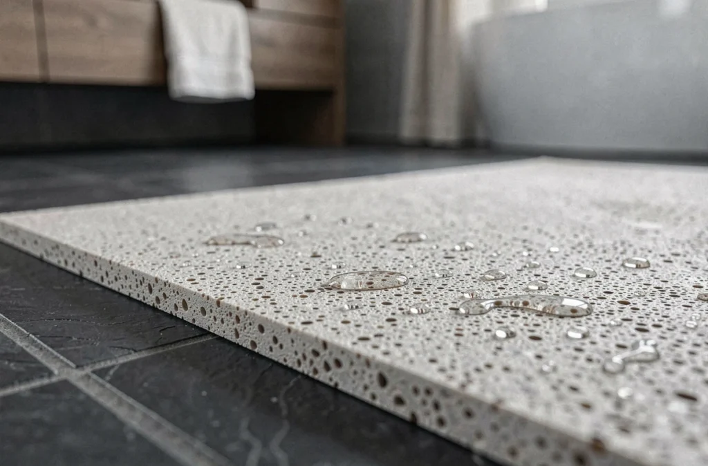 Gros plan sur la texture poreuse d'un tapis de bain en diatomite avec des gouttes d'eau en cours d'absorption sur sol en ardoise