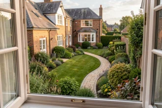 Jardin de maison structuré vu depuis une fenêtre à l'étage