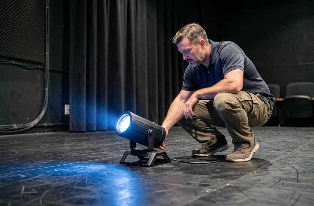 Technicien inspectant un projecteur PAR LED compact sur pied bas dans un théâtre de poche avec faisceau bleu sur scène noire